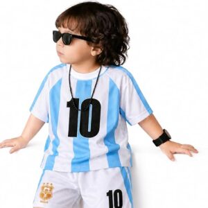 VENOM Kids Argentina Style Football Jersey Set, No. 10, Blue and White Stripes, T-Shirt and Shorts, Summer Sports Soccer Kit
