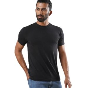 Men's T-Shirt Plain - Bison Black Regular Fit Bamboo Cotton Lycra Blend | Gym Tshirt for Men Workout