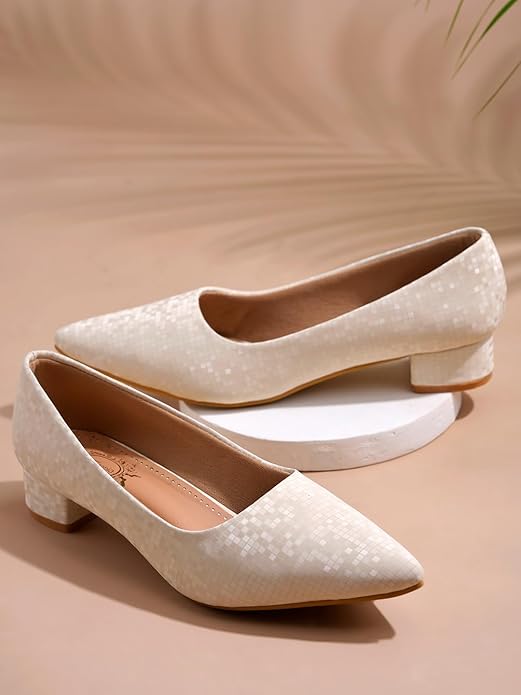 VENOM Women's Low Block Heel Pumps – Elegant Pointed Toe Slip-On Dress in Textured Finish – Comfortable Office & - Image 3