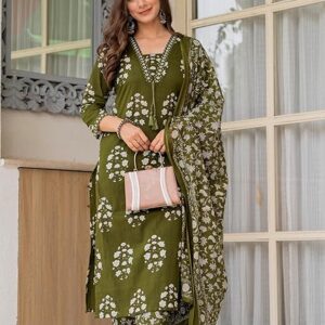 VENOM Women's Pure Cotton Printed Straight Suit Set with Palazzo Pants & Dupatta- Ethnic Wear, Green