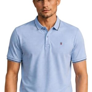 VENOM Louis Philippe Men's Slim Fit Single-Tuck Pique Stylized Sleeve Print and Contrast Tipping Half Sleeve Solid Polo Tshirt